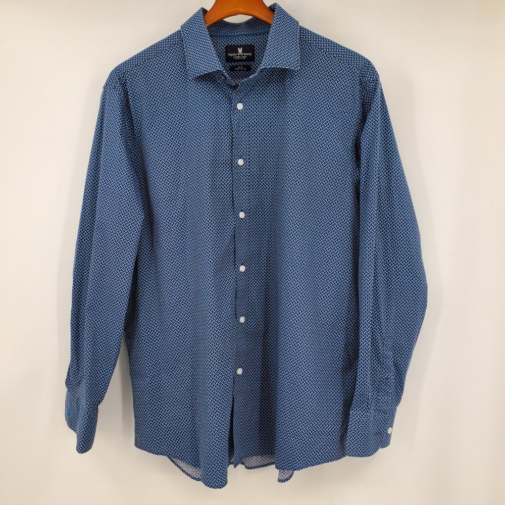 Psycho Bunny Slim Fit Stretch Non-Iron Blue Geometric Shirt 17.5 34/35 Preppy